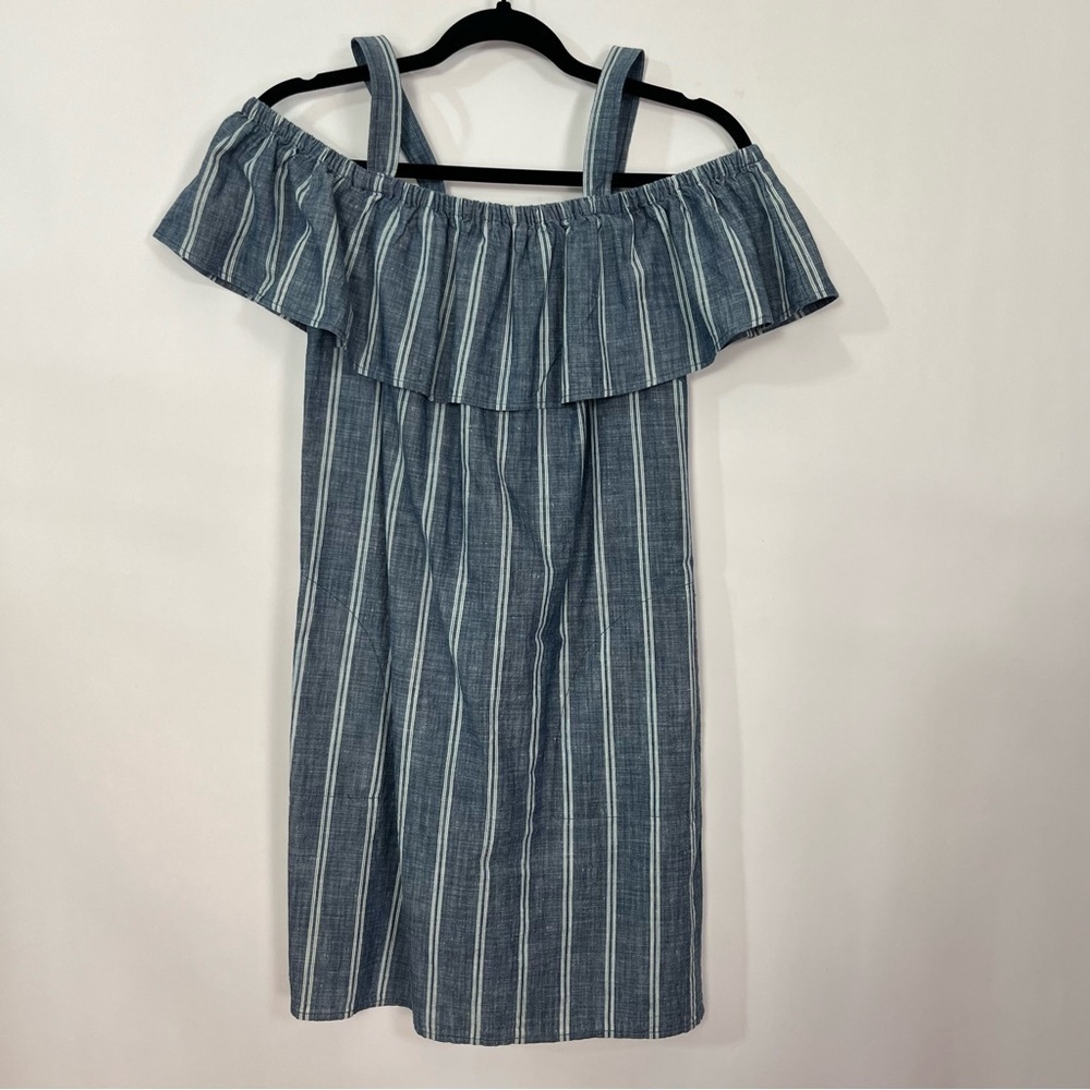 J. Crew Blue Denim Chambray Striped Off Shoulder Dress Sz Small